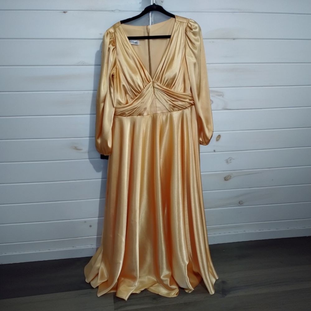 JJ's House Gold Satin Maxi Gown Long Sleeve Formal Dress LP - Picture 3 of 13
